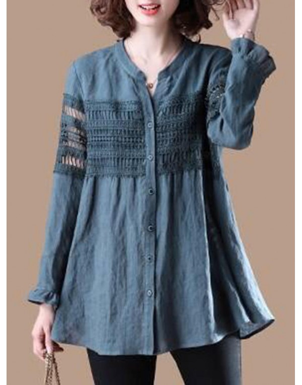 Women Lace Patchwork Button Loose Casual Shirts